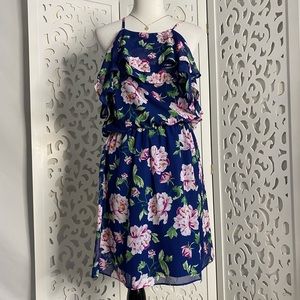 Navy in floral ruffle dress
